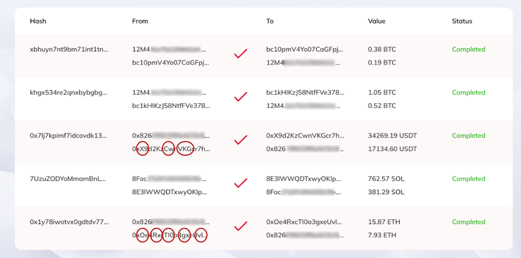 a fake blockchain ticker aiming to indicate the legitimacy of the giveaway scam. some incorrectly formatted fake addresses are encircled